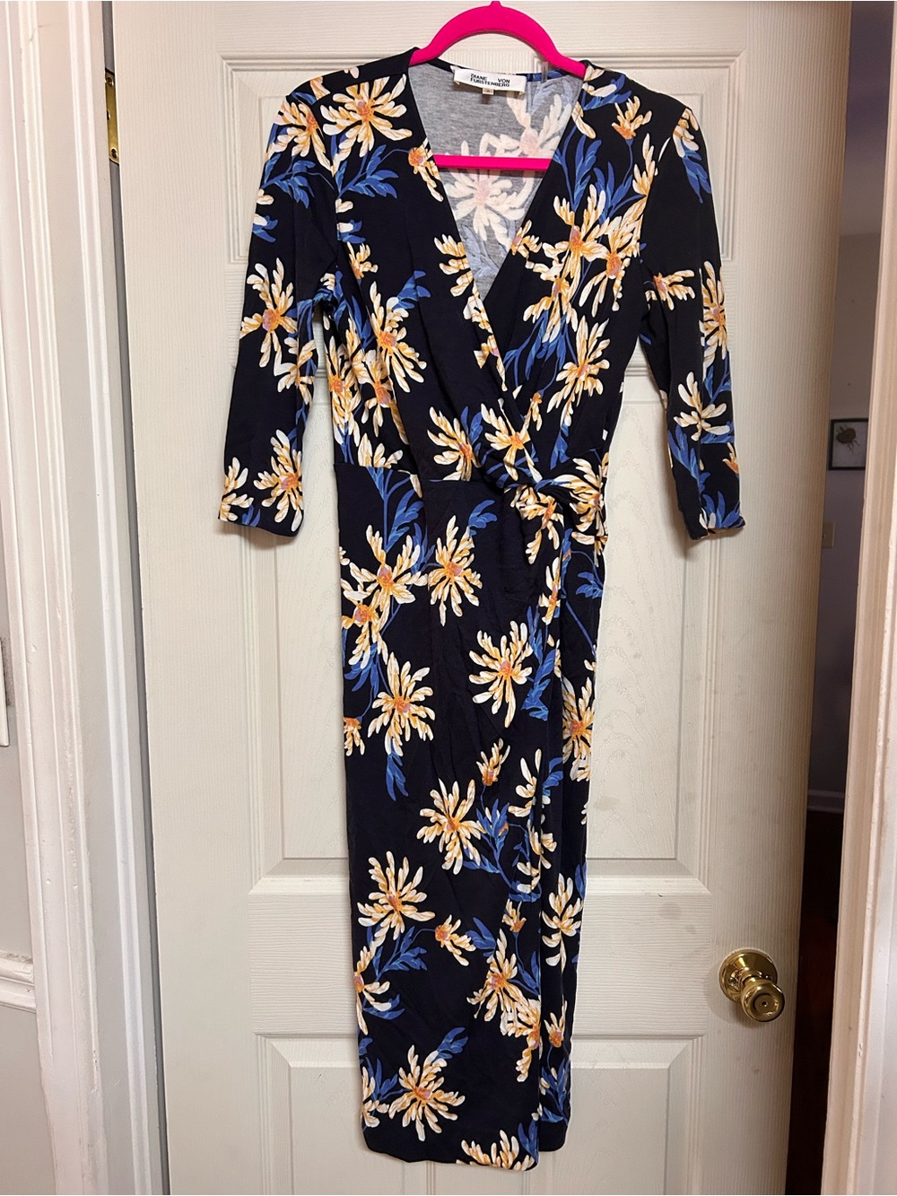 Diane Von Furstenberg Borris Dress in Paris Floral LG Navy